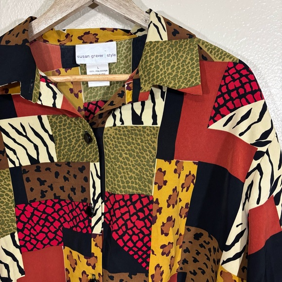 Susan Graver Whimsical Patchwork Animal Print Button Down Shirt Size L - Picture 2 of 4